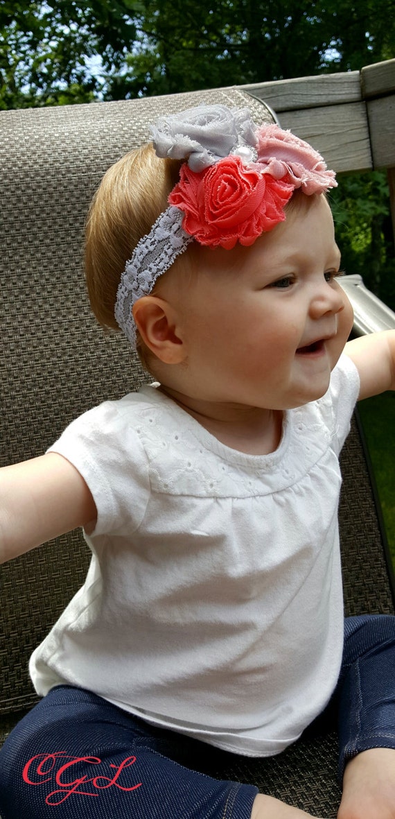 Items similar to Infant headband. 3 flowers with jewel set on white