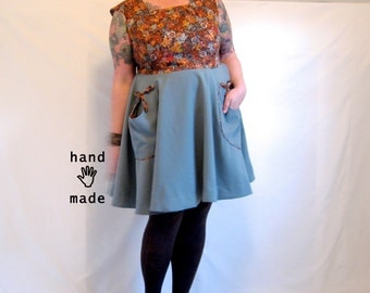 Square and Circle Dress -- plus size, size 22, 2X, xxl, petite - fit & flare, pockets - autumn floral cotton, grey suiting -- 49B-42W-75H