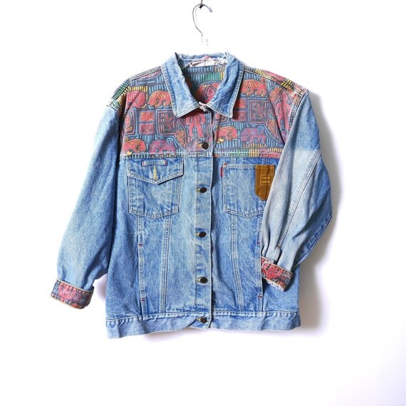 1980s Denim Jacket Abstract Print Afro Punk Jean Jacket Unisex