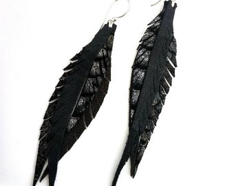 Black Leather Feather Earrings with Sterling Silver Hooks and Rings