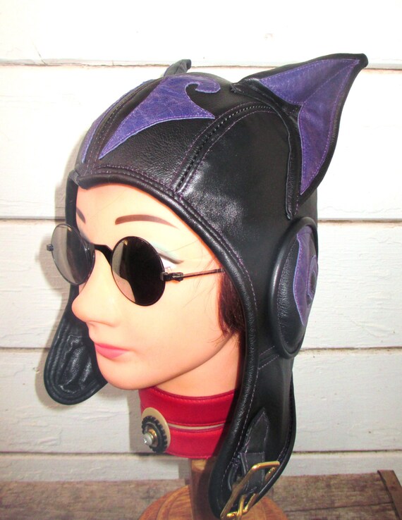 CatEar Kitty Aviator Hat in Black/ Purple Leather with Swirl