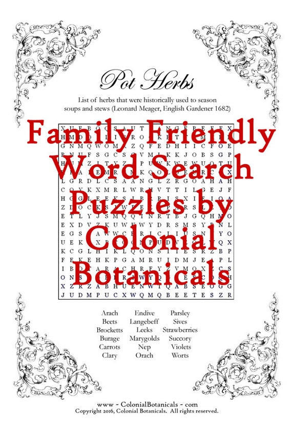 Pot Herbs word search puzzle instant by ColonialBotanicals on Etsy