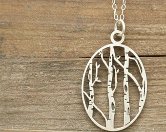 Gift - Charm Necklace - Jewelry - Birch Tree Necklace - Woodland Jewelry - Silver Necklace - Oval Necklace