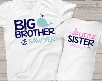 Big brother little sister or any brother/sister combination nautical anchor and whale sibling Tshirt and bodysuit set MBEH1-002-2