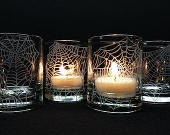 Halloween Candles Engraved 'Webs' 4 Glass Votive Candle Holders Party Favors Unique Decor