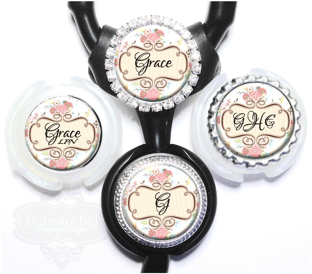 Stethoscope ID Tag Personalized Pink and Cream Floral