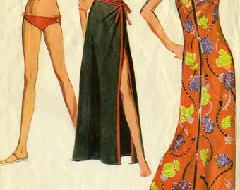 Vintage 70s McCalls 2839 Bikini Swimsuit, Wrap Skirt Coverup and Wrap Neck Halter Dress Sewing Pattern Size 10 Bust 32.5