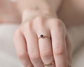 Rose Cut Black Diamond Ring // 14k Gold Black Diamond Stacking Ring with Thin Bezel and Delicate Hammered Ring Band
