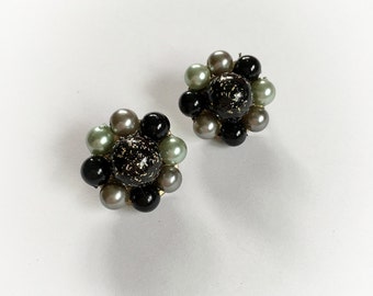 Vintage Faux Pearl and Plastic Tinsel Glitter Cluster Earrings Clip On
