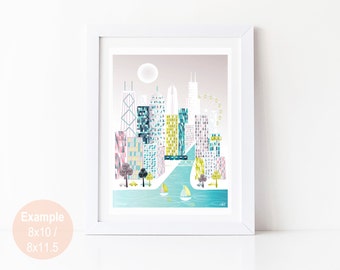 Chicago Print, Art illustration Poster Skyline Wall Art, Cityscape Posters Prints, Home Wall Decor, Office Nursery Prints. Style: SPPC1