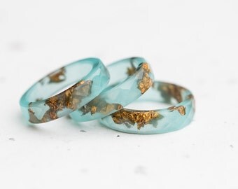 Mint Resin Ring Gold Flakes Small Faceted Stacking Ring OOAK pastel mint ring aqua brown minimalist jewelry