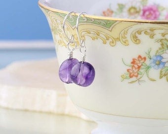 Amethyst Earrings Sterling Silver - February Birthstone Earrings - Gemstone Nugget Dainty Earrings - Purple Gemstones