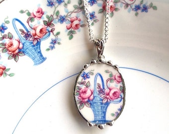 Broken China Jewelry pendant necklace antique pink roses in basket unique china