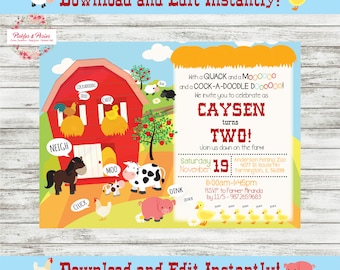 Barnyard Birthday Invitation - Farm Party Invitation - Printable Invitation - INSTANT DOWNLOAD - Edit at Home with Adobe Reader Now!