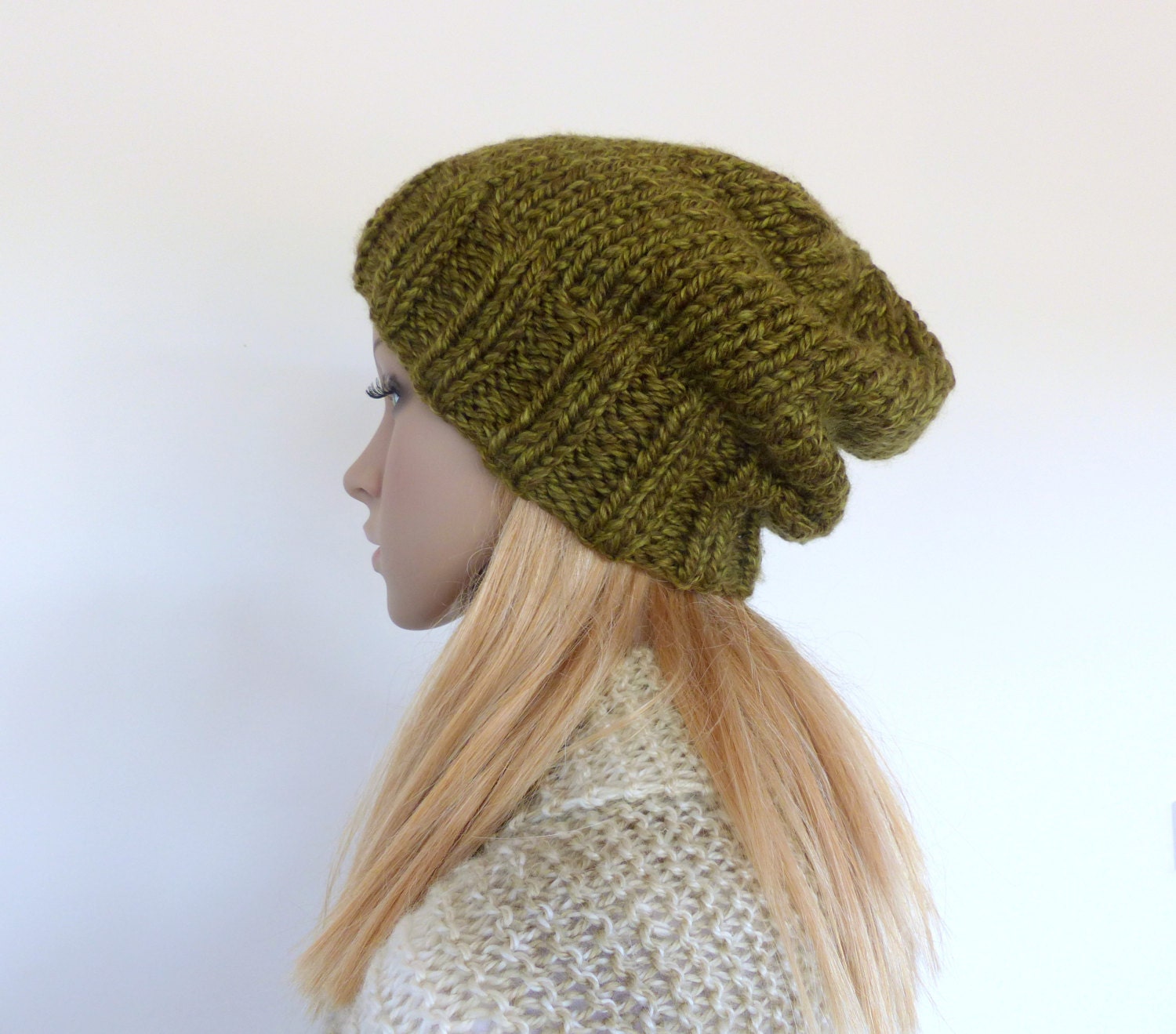 Green Chunky Knit beanie Womens slouchy hat Olive Green knit