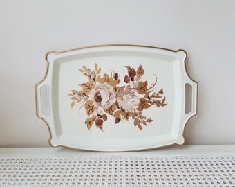 Vintage Metal Tray Hand Painted Tole Flowers, White Gold Blush Brown, Shabby Cottage Floral