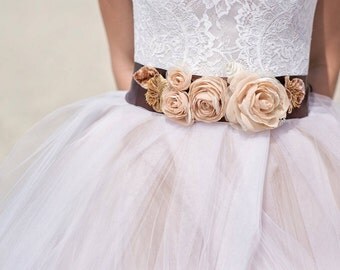 Bridal floral sash, Wedding floral sash, Wedding dress sash, Brown sash