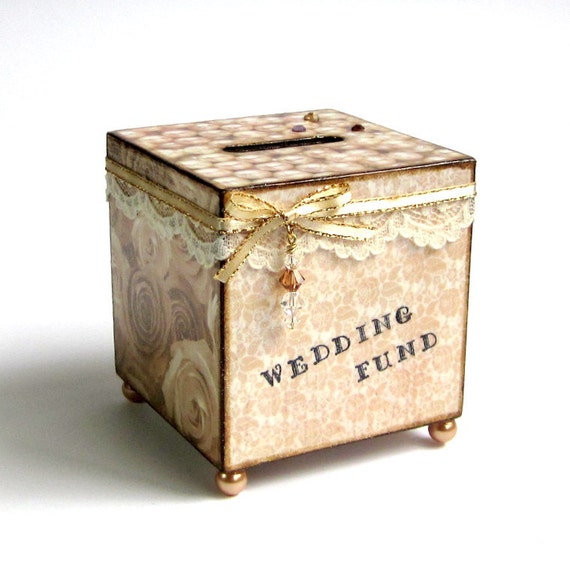 Wedding Fund Coin Bank Bridal Shower Gift Decoupaged Square