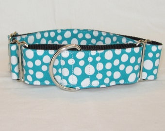 White Pebble Martingale Dog Collar - 1.5 or 2 Inch - teal turquoise polka dot fun