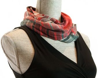 Red Black Bamboo Infinity Scarf, Red Gray Black, Organic Bamboo