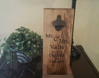 Rustic Wall Mount Bottle Opener and Cap Catcher - Personalized Hunter Anniversary Wood Gift for Him