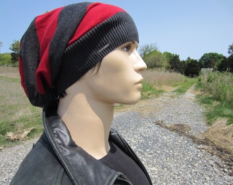 Slouch Back Beanie Hat Men's Striped Red Gray Wide Stripe Slouchy Beanie Cotton Knit Hat by VACATIONHOUSE A1457-G