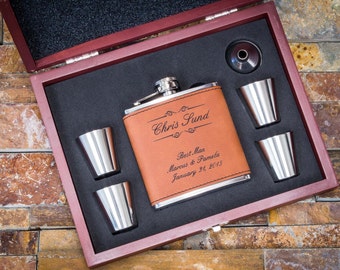 Personalized Leather Flask - Custom Engraved Flask Set, Raw Hide Flask, Faux Leather Groomsmen Flask, Personalized Flask, Monogram ...