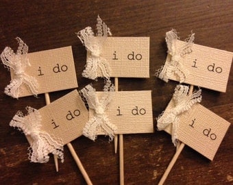 I Do cupcake toppers, rustic wedding cupcake tags, Burlap & lace cupcake toothpicks, I Do tag, baby shower cupcake tags, cupcake toppers