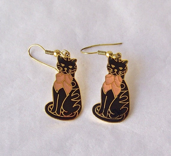 Vintage Cat Earrings Enamel Pierced Earrings Kitty Cat Jewelry