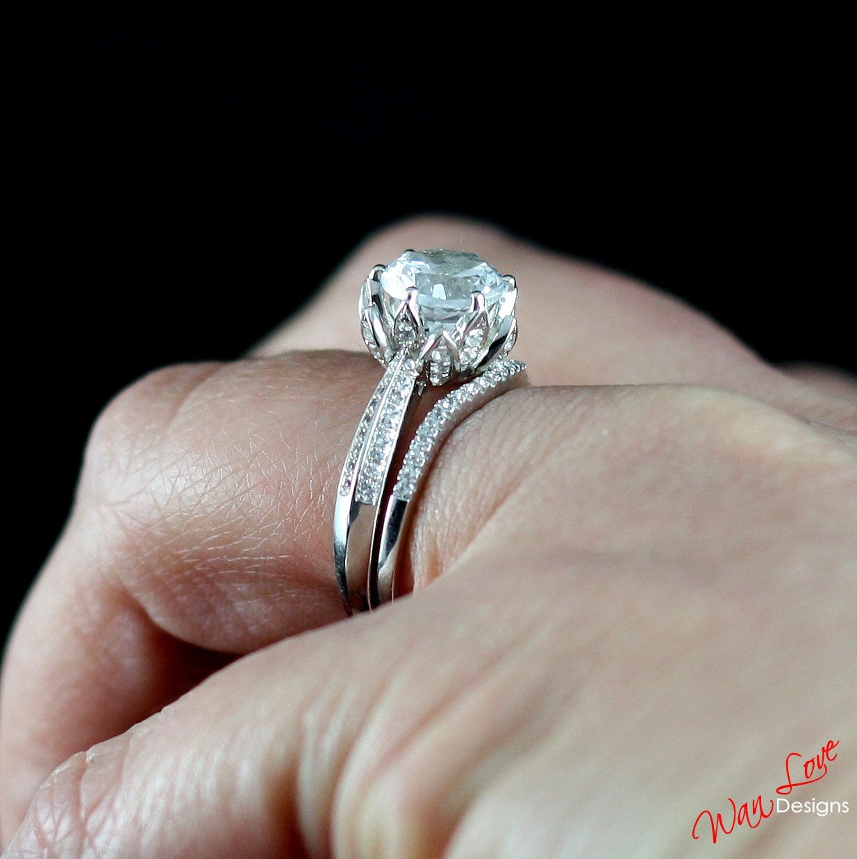 White Sapphire Lotus Flower Engagement Ring Set Contoured