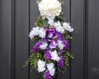 Spring Wreath Summer Wreath Teardrop Twig Door Swag Vertical Decor Purple White Liliacs Floral Swag Floral Door Decor