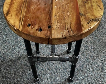 Round Industrial Side Table / End Table With Reclaimed Wood Top