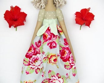 Tilda doll cute fabric doll stuffed doll pink roses polka dot blonde cloth doll handmade rag doll - baby shower gift for girls