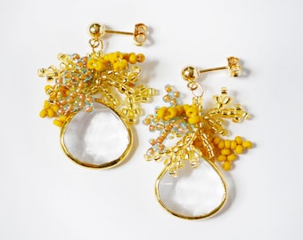 Seed Bead Earrings, Gold Seed Bead Crystal Earrings, Beaded Earrings, Yellow Seed Bead Earrings, 14kt Gold Filled
