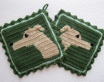 Greyhound Pot Holders. Sage green potholders with fawn greyhound dogs. Fiber art. Italian greyhound gift. Whippet gift
