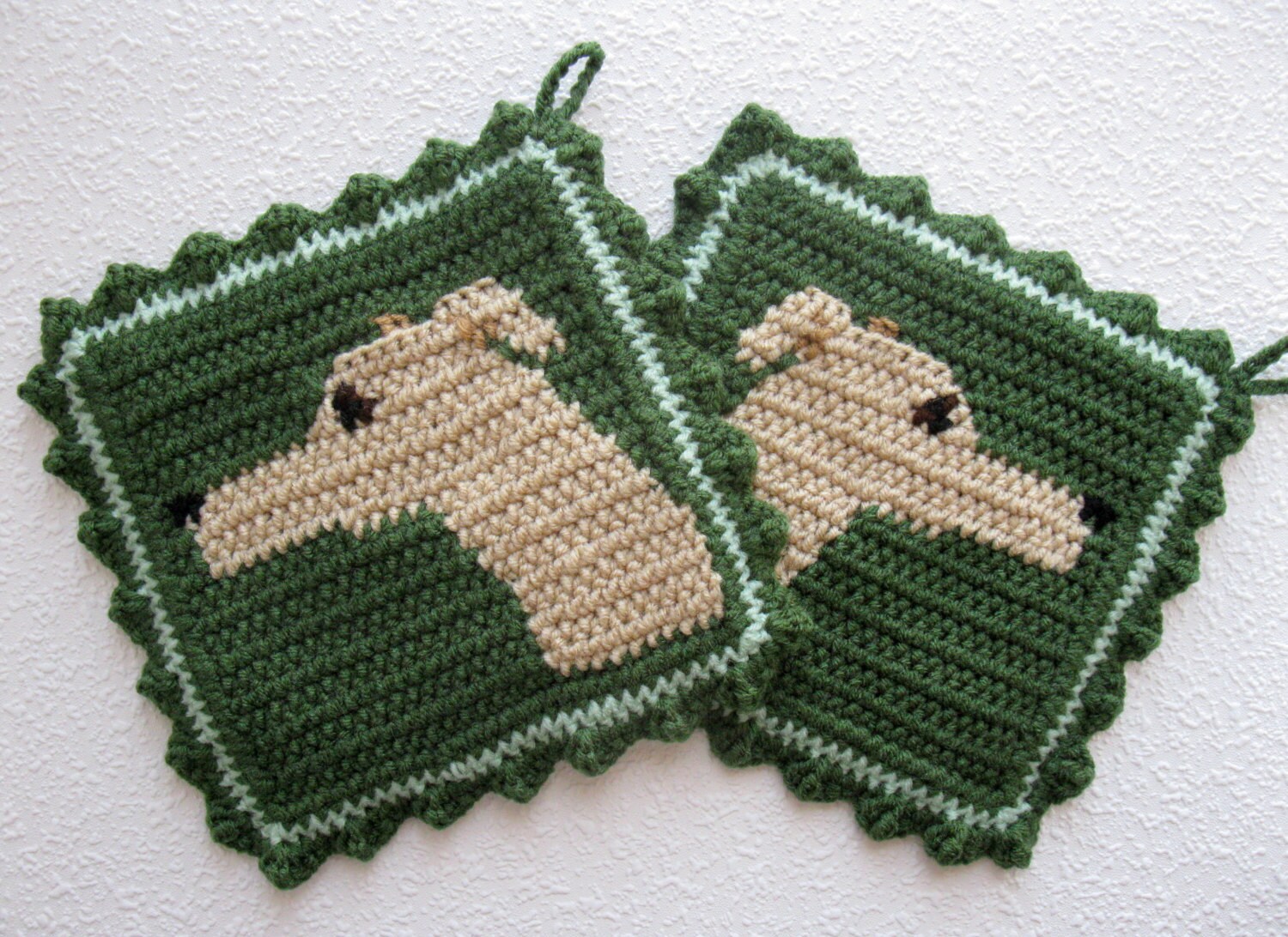 Greyhound Pot Holders. Sage green potholders with fawn
