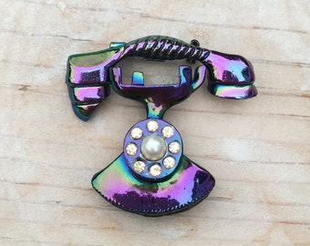 Vintage Telephone Scatter Pins / Novelty Rotary Phone Brooch Set / Iridescent Purple Enamel Embellished with Rhinestones and Faux Pearl