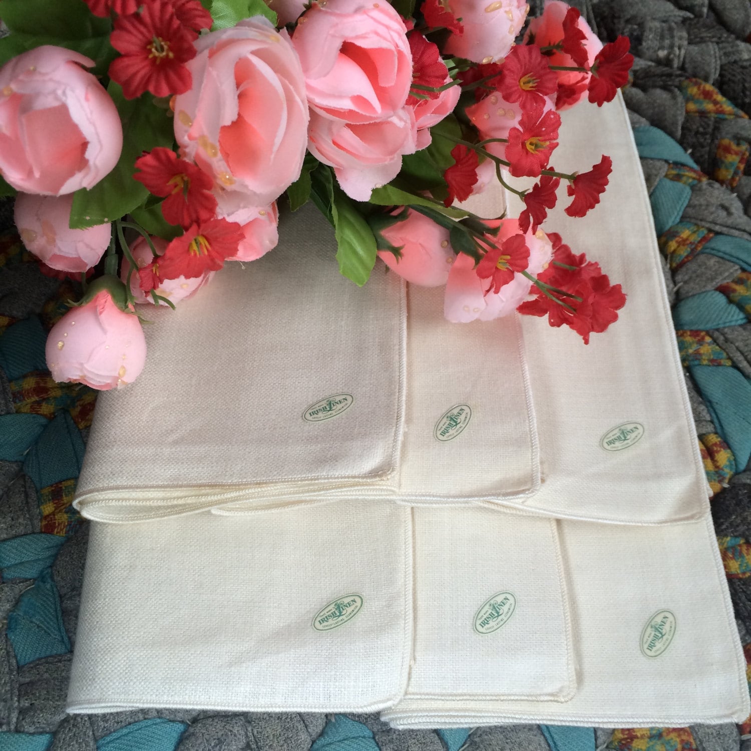 6 Vintage Natural Pure Irish Linen Napkins with Original Paper