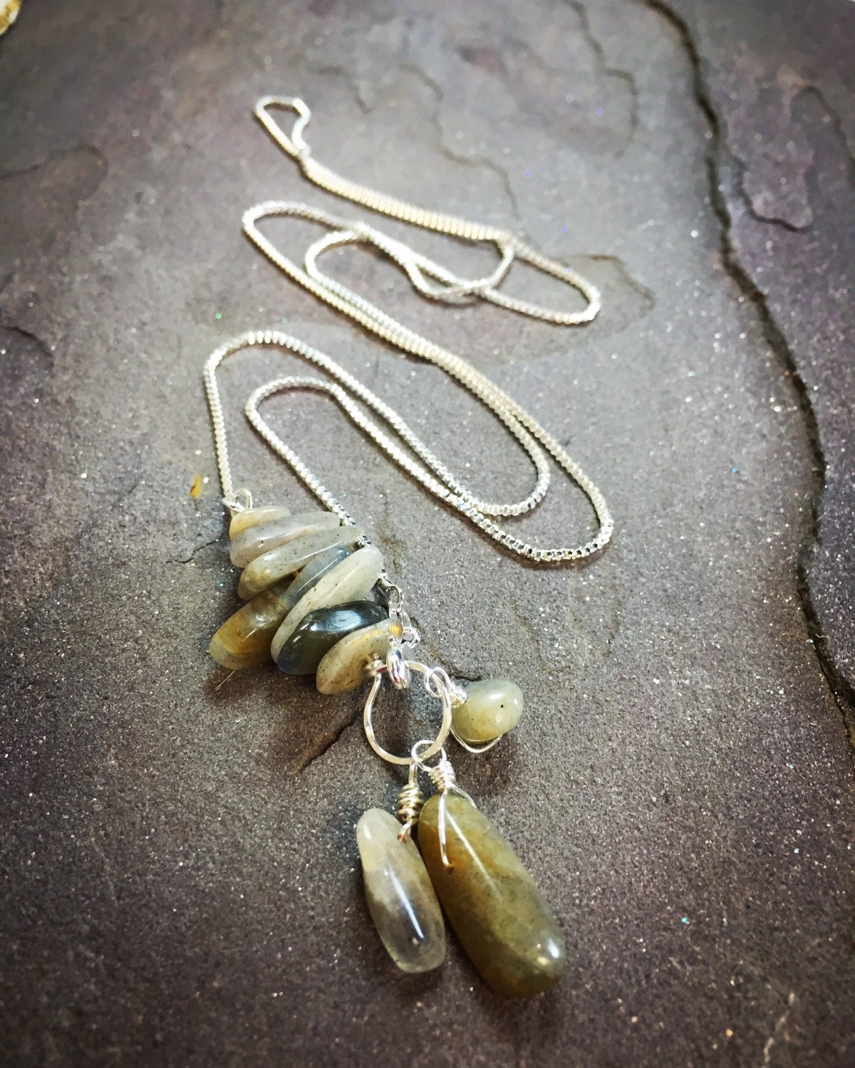 Stacked Labradorite Nuggets & Sterling Silver Square Chain