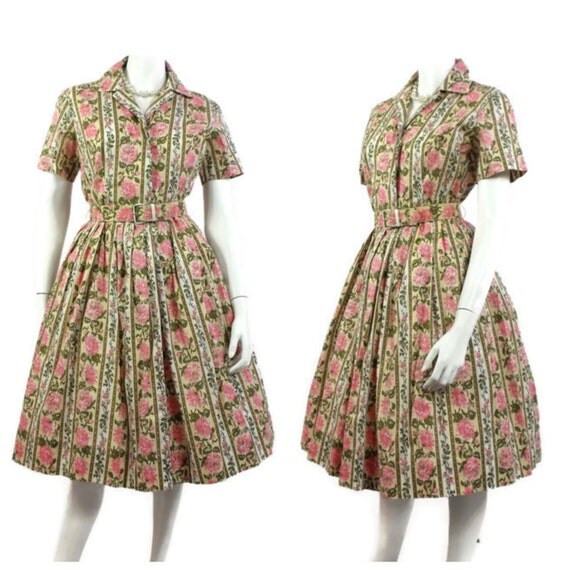 1950's Pink and Green Floral Day Dress Cabbage Rose