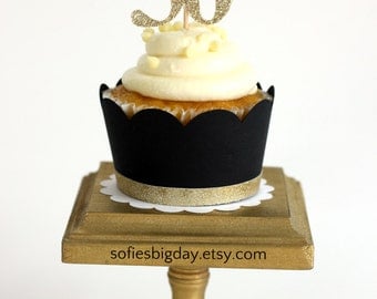 Black and Gold Cupcake Wrappers-Gold trimmed cupcake wrapper-cupcake wrappers-Dirty30-bachelorette new years eve black cupcake wrappers