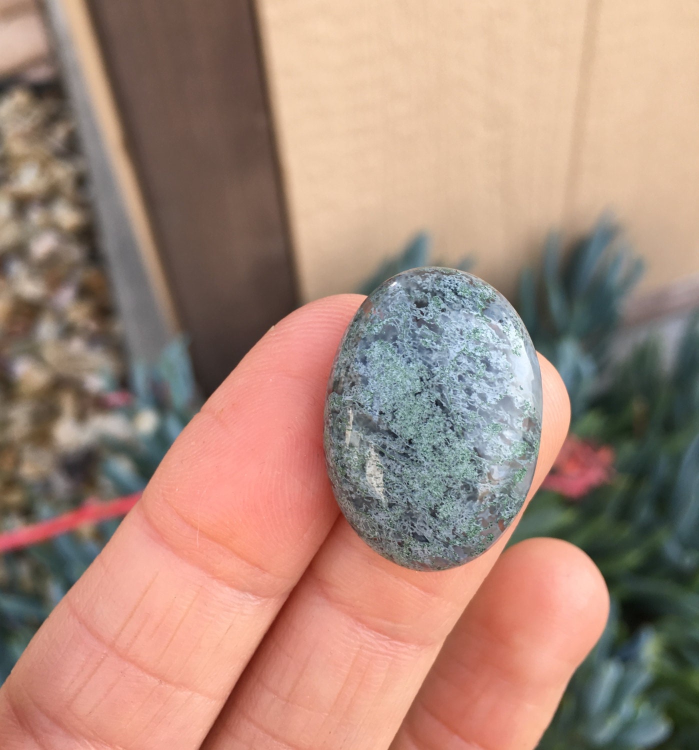 Oval Moss Agate Cabochon. Green Stones. Transparent. Tube