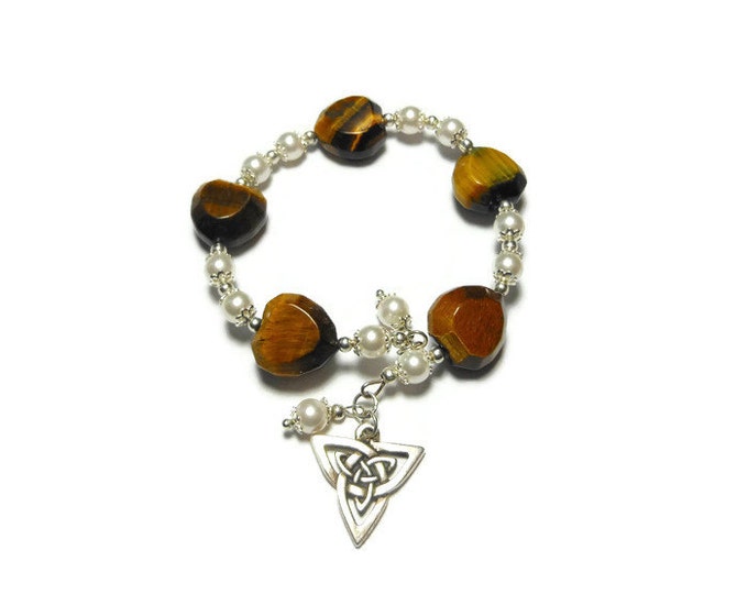 Pearl tigers eye bracelet, creamy white Swarovski glass pearls, heart shaped tigers eye beads, silver plated Celtic knot charm and findings