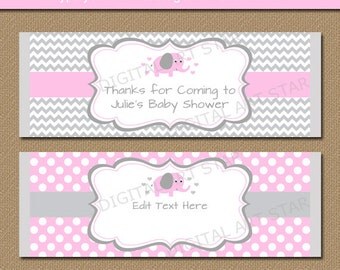 EDITABLE Chocolate Bar Wrapper Template - Printable Pink Elephant Candy Bar Wrappers - Pink and Grey Elephant Baby Shower Party Favors