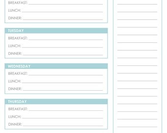 meal planner printable with grocery list aqua