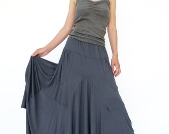 NO.136 Gray Rayon Spandex Softly Softly Asymmetrical Skirt, Long Maxi Skirt