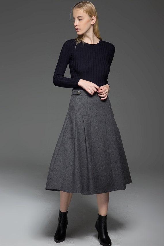 A-Line Grey Skirt Pleated Warm Wool Winter Skirt with