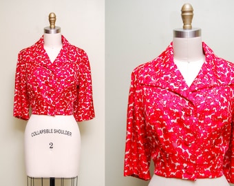 Vintage 60s Silk Floral Cropped Jacket / 1960s Red Floral Tailored Blazer / Size MEDIUM