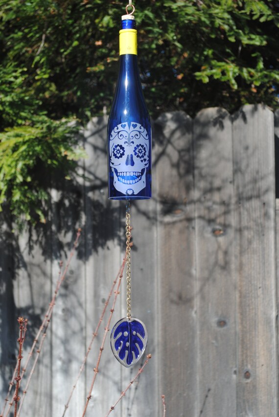 Sugar Skull Heart Wine Bottle Wind Chime Windcatcher Sugar Skull Heart Wine Bottle Wind Chime Windcatcher Upcycled Recycled Repurposed Glass Bottles Personalized