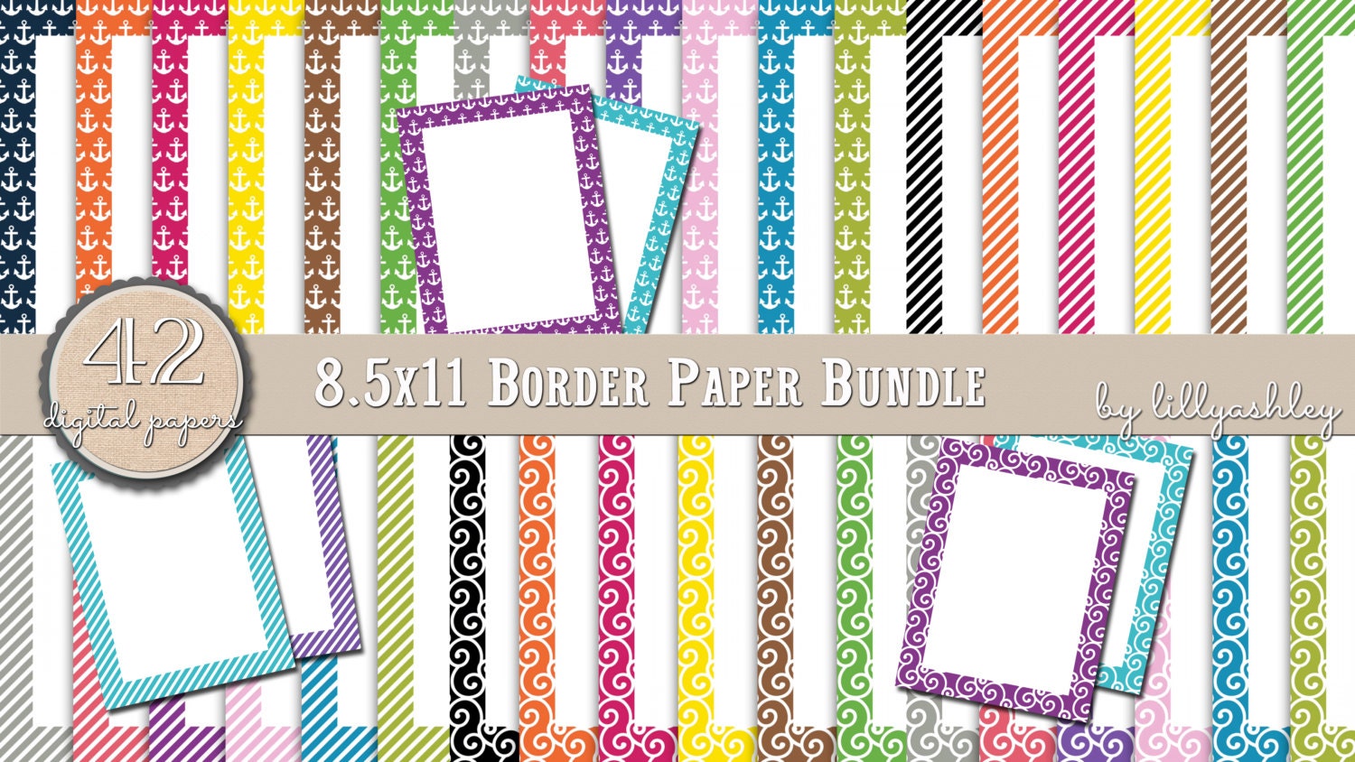 Printable Paper Bundle Set of 42Border Paper 8.5x11 JPG